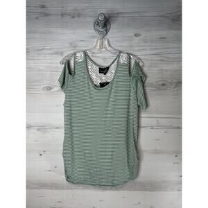 Lexington Lavenue Shirt Womens Large Green‎ Striped Cold Shoulder Crochet Lace